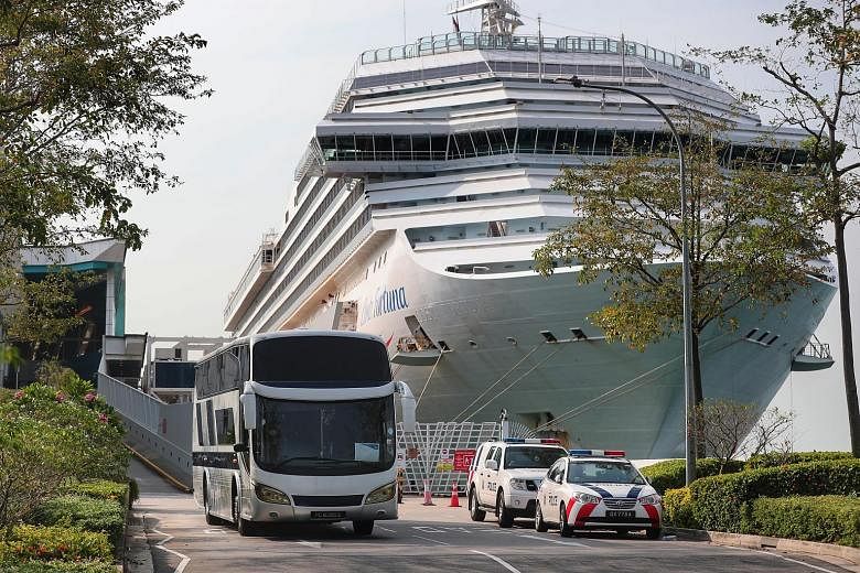 The Costa Fortuna docked at the Marina Bay Cruise Centre around 7.35am yesterday. Passengers began leaving the ship from about 8.40am and boarded buses heading for Changi Airport and various hotels.