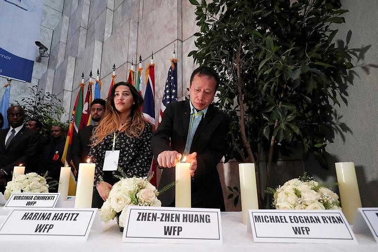 A memorial service for UN staff killed in the crash, held at the UN Economic Commission for Africa headquarters in Addis Ababa. Family members of the victims, among others, attending a memorial service in Addis Ababa on Tuesday for the 157 people who