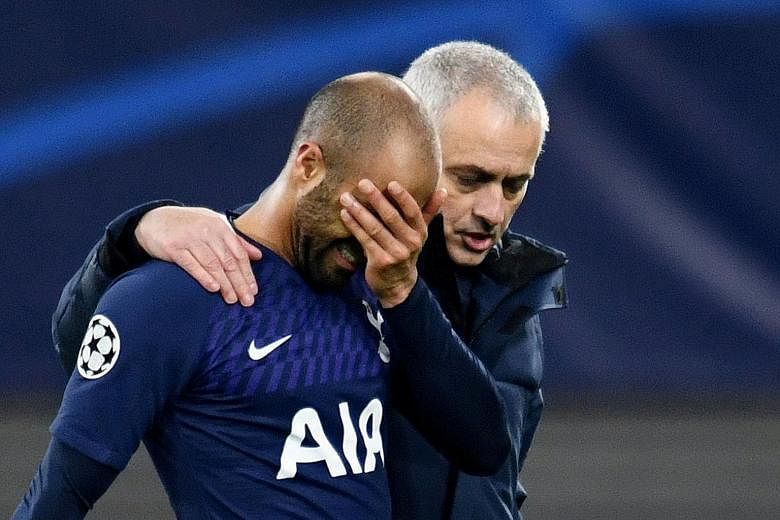 Tottenham forward Lucas Moura being comforted by his manager Jose Mourinho following their 3-0 Champions League second-leg defeat at RB Leipzig. Spurs, who were missing key players like Harry Kane, Son Heung-min and Davinson Sanchez owing to injury, 