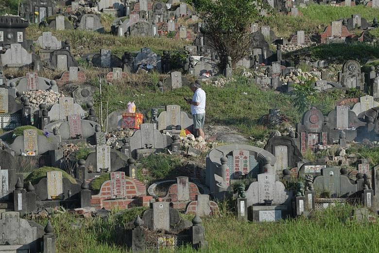 A man with offerings at Choa Chu Kang Chinese Cemetery during the Qing Ming Festival in April last year. This year's festival will take place on April 4, and those who are sick are reminded to avoid visiting the cemeteries and columbaria. NEA has als