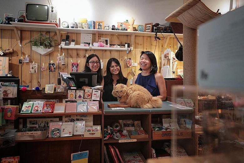 (From left) Cat Socrates staff Priscilla Ong and Belle Chan with owner Hellen Jiang and Chestnut the cat.