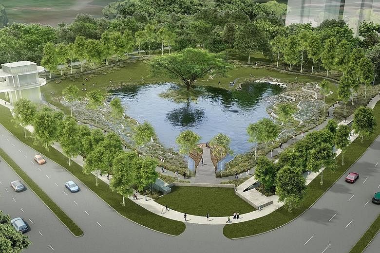 An artist's impression of Alkaff Lake in Bidadari estate. In dry weather, its grassy banks will make a perfect communal space for residents of the area. But the artificial lake will be designed as more than just a pretty spot to hang out at. It is al