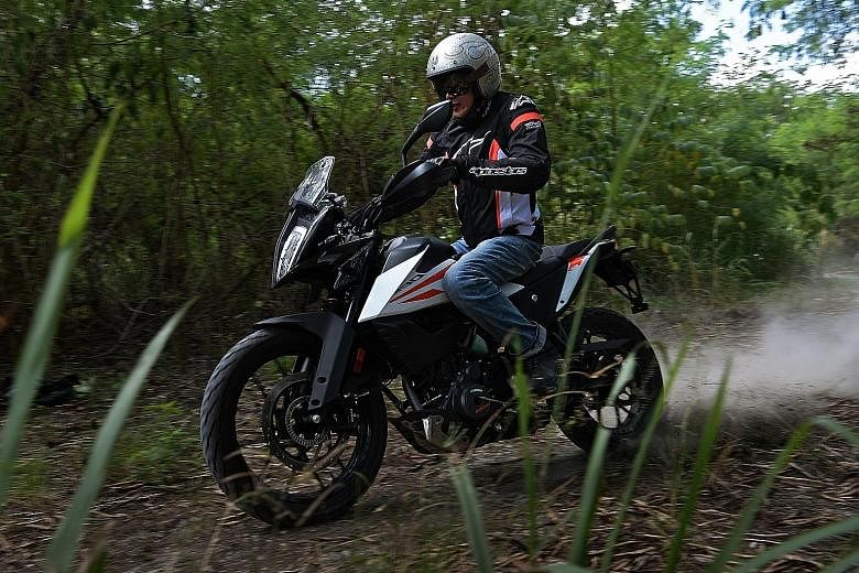 The 373cc KTM 390 Adventure can keep up on gravel or logging trails. Best of all, you do not have to manhandle it because of its 158kg dry weight and modest performance figures compared with more powerful motorcycles..