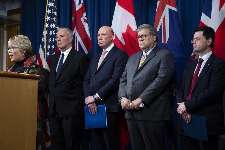 From left: New Zealand Minister of Internal Affairs and Minister for Children Tracey Martin, Canadian Minister of Public Safety and Emergency Preparedness Bill Blair, Australian Minister for Home Affairs Peter Dutton, United States Attorney-General W