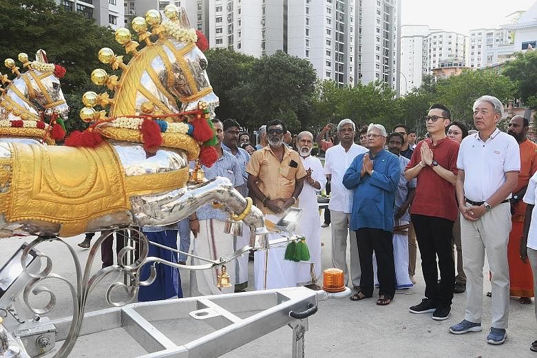 A chariot procession was held in Sengkang yesterday to mark the 14th anniversary of the Arulmigu Velmurugan Gnanamuneeswarar Temple. The annual procession - shorter than usual in the light of the coronavirus outbreak - began at the Hindu temple in Ri