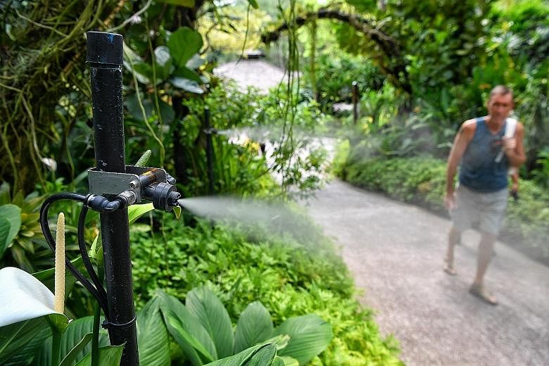 Generally, the Green Aircon Flex system is said to be able to make a person standing about 60cm from the mist nozzle feel cooler by up to 4 deg C. Visitors going closer to feel the cool mist from the Green Aircon Flex at the National Orchid Garden of
