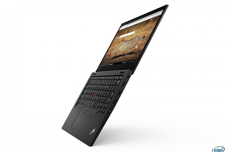 The ThinkPad L13 is a clamshell notebook with sturdy hinges that can open to 180 degrees, thus allowing it to open flat on a desk.