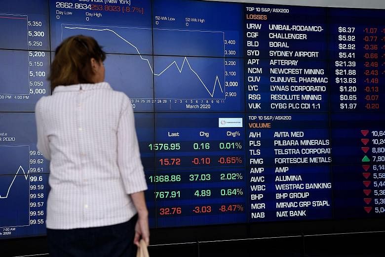 A digital market board at the Australian Stock Exchange in Sydney last Friday. The Australian dollar was pinned at US$0.6004 after sliding 2 per cent on Tuesday to US$0.5958, depths not seen since early 2003.