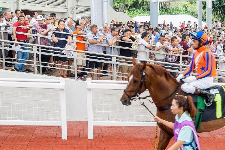 A sizeable crowd seen at the parade ring of the Singapore Turf Club for the races on Sunday. PHOTO: THE NEW PAPER