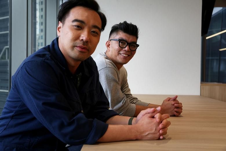 Award-winning director Royston Tan, who directed HIGH, and Mr He Shuming (far left), the film's scriptwriter. Mr He said making the movie was an emotional journey as the characters were based on real-life examples of people whom he and Mr Tan knew.