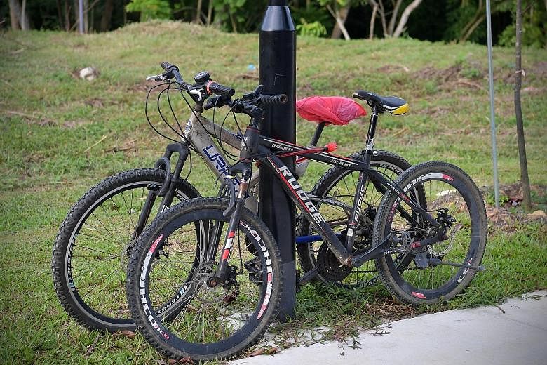 Left: The Sunday Times spotted various bikes left in the undergrowth at Bukit Timah Nature Reserve as well as secured to a lamp post near a park entrance in Dairy Farm Road. Above: A man emerging at about 10pm one day from a forested section of Zheng