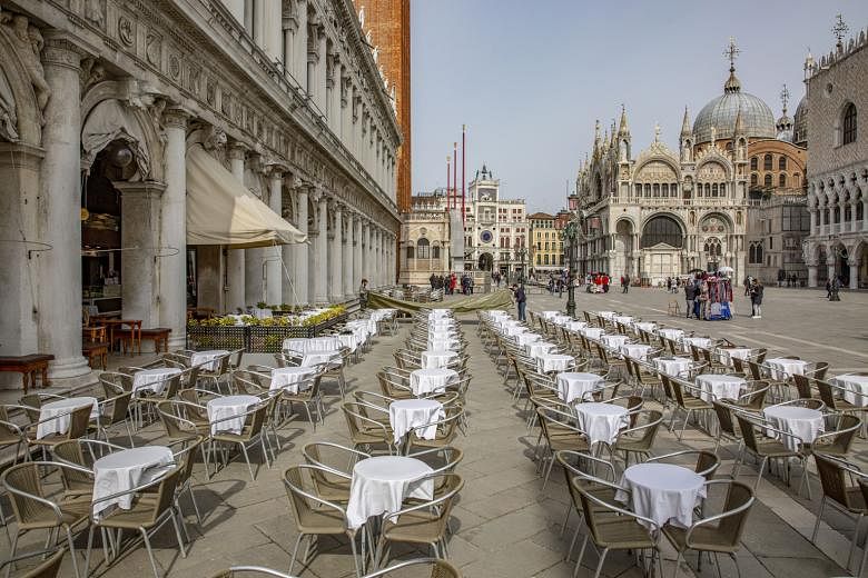 Restaurants and tourist attractions have been similarly hit, with empty tables in Piazza San Marco (above) and an almost deserted St Mark’s Square.