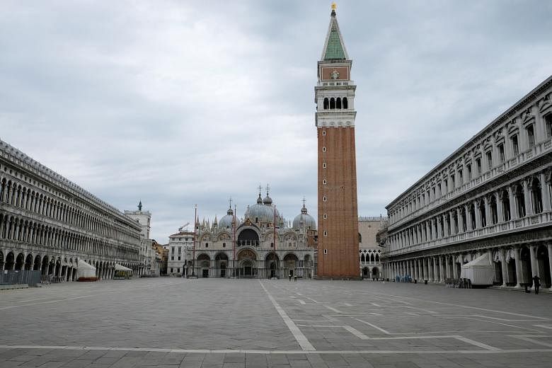 Restaurants and tourist attractions have been similarly hit, with empty tables in Piazza San Marco and an almost deserted St Mark’s Square (above).