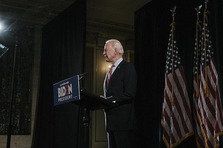 Democratic presidential front runner Joe Biden at a news conference on March 12. He said on Sunday that he has discussed his list of running mates with former president Barack Obama. PHOTO: NYTIMES