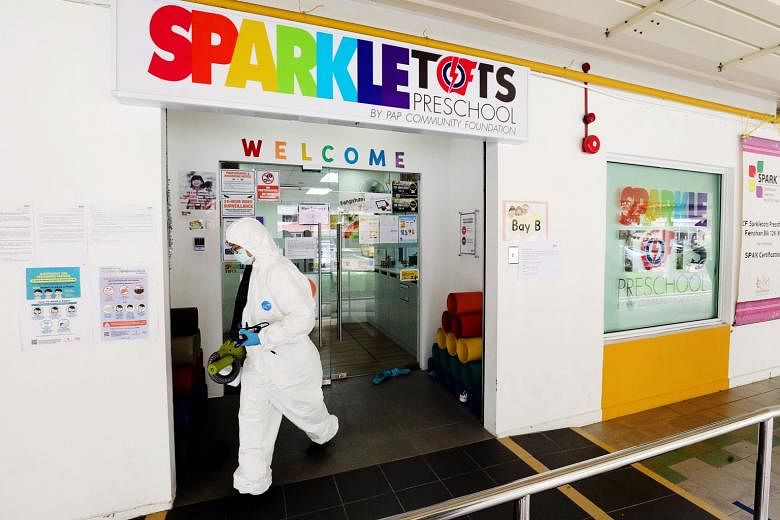 Drawing lessons from the cluster at PCF Sparkletots in Fengshan (above), infectious diseases expert Leong Hoe Nam said workplaces should take temperatures thrice a day and hold meetings in an open-air environment.