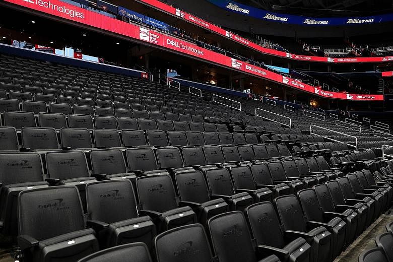 Empty seats at the Capital One Arena, home of the Washington Wizards. The NBA is bracing itself to play games at empty stadiums to resume the league while the coronavirus pandemic persists.