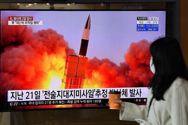 File footage of a North Korean missile test during a news broadcast in Seoul, South Korea, on Sunday. North Korea fired what appeared to be two short-range ballistic missiles off its east coast that day, a test which its state media said was a succes