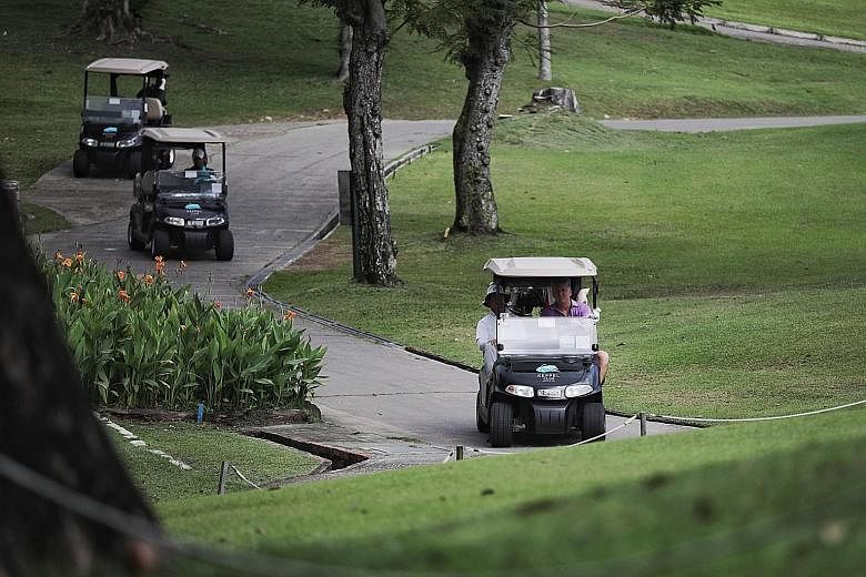Clockwise from above: Golfers travelling in their buggies at the Keppel Club golf course while golf executive Muhammad Izan, 39, is taking the temperature of golfer Tan Hua Joo, 49. Buggies at Orchid Country Club has a plastic divider between the sea