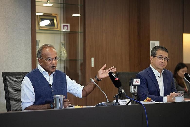 Above: Minister for Law and Home Affairs K. Shanmugam (left) and Mr Edwin Tong, Senior Minister of State for Law and Health, at a media briefing on the proposed Covid-19 (Temporary Measures) Bill on Tuesday. ST PHOTO: ALPHONSUS CHERN Left: When the p