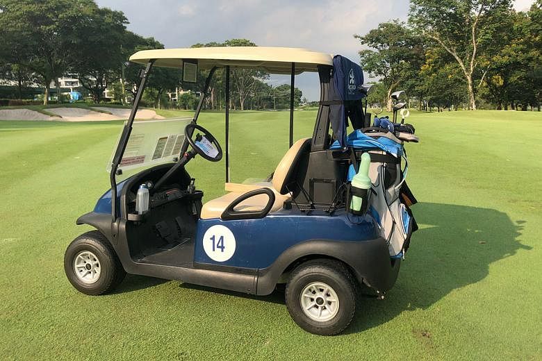Clockwise from above: Golfers travelling in their buggies at the Keppel Club golf course while golf executive Muhammad Izan, 39, is taking the temperature of golfer Tan Hua Joo, 49. Buggies at Orchid Country Club has a plastic divider between the sea