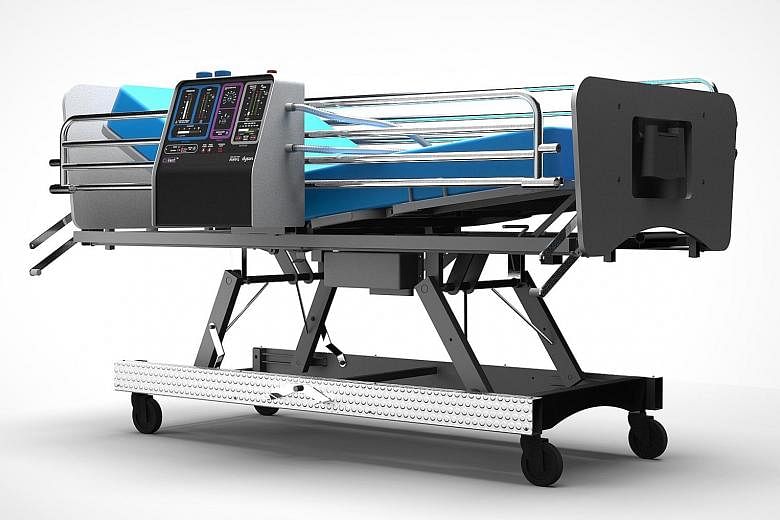 A graphic representation of the CoVent ventilator, designed by Dyson, attached to a hospital bed. The CoVent is designed to conserve oxygen and uses Dyson’s air purifier expertise, which delivers a high quality of filtered, clean air.