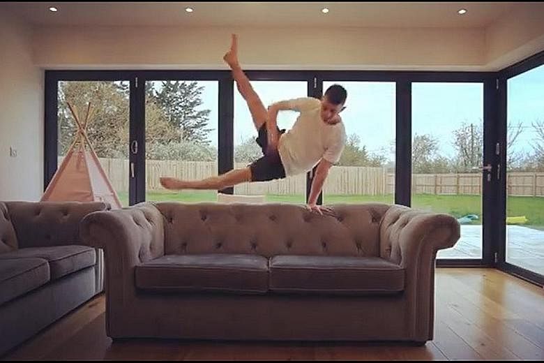 British gymnast Max Whitlock uses his sofa as a pommel horse.