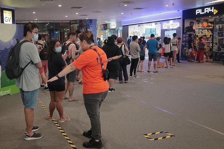 Many Singaporeans went out yesterday to stock up on things they needed or wanted, in anticipation of non-essential businesses having to shut from Tuesday until May 4 to curb the spread of the coronavirus. In VivoCity, long queues of customers were se