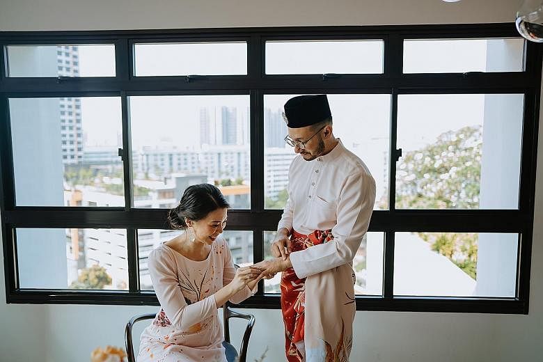 (Above) Mr Amin Sulaiman and Ms Noelle Yong tied the knot in their new HDB flat with eight family members, in place of their planned lunch reception and dinner. (Left) Singaporean Dhuha Isa, 29, and Briton Mark Hunter, 33, held their wedding last mon