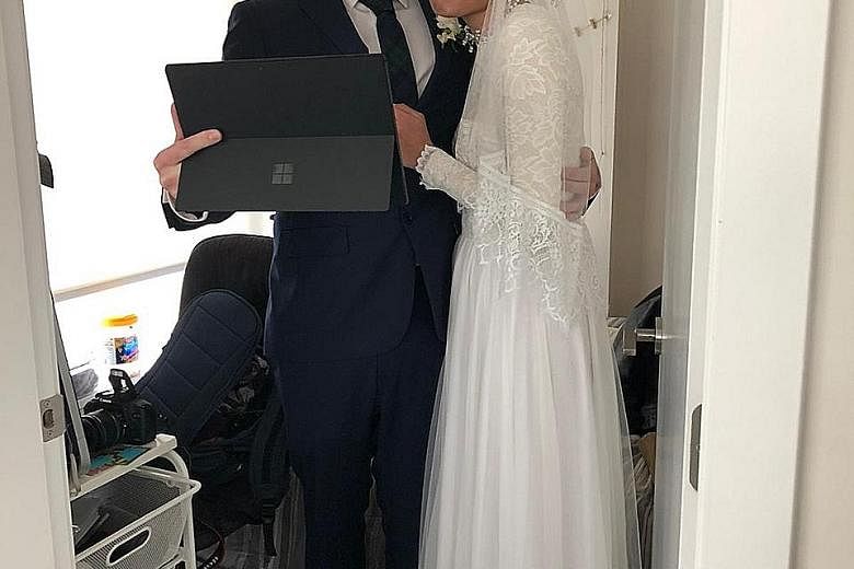 (Above) Mr Amin Sulaiman and Ms Noelle Yong tied the knot in their new HDB flat with eight family members, in place of their planned lunch reception and dinner. (Left) Singaporean Dhuha Isa, 29, and Briton Mark Hunter, 33, held their wedding last mon