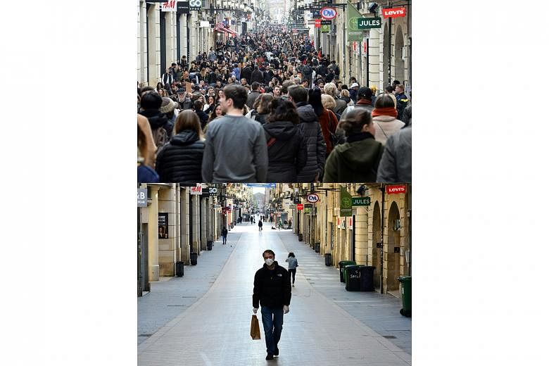 Sainte-Catherine street, Bordeaux, France: Then, Mar 14 (above, top) and now, March 21 (above, bottom).