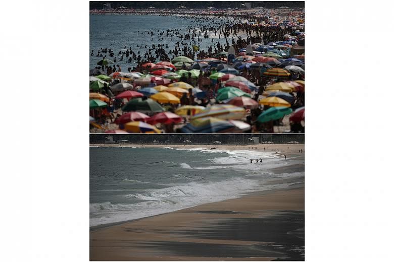 Ipanema beach, Rio de Janeiro, Brazil: Then, Mar 15 (above, top) and now, March 22 (above, bottom).