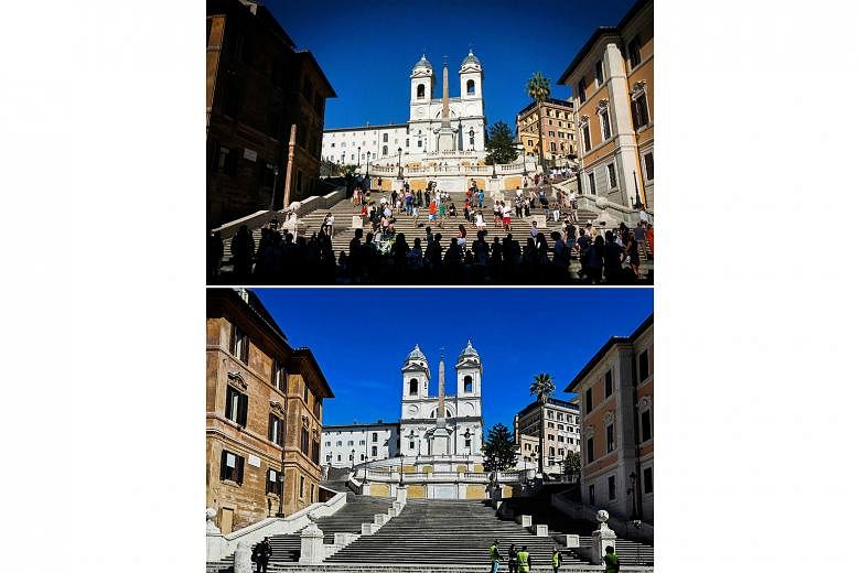 Spanish Steps, Rome, Italy: Then, Aug 14, 2017 (above, top) and now, March 12 (above, bottom). 