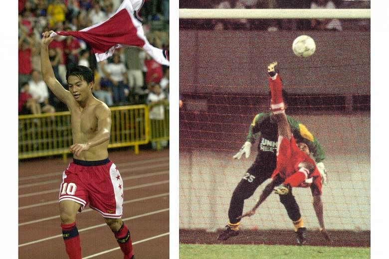 Top left: Shahril Ishak rounding SAFFC goalkeeper Shahril Jantan en route to netting the second goal of his hat-trick for Home United in their S-League match in 2010. Above: The iconic bicycle kick of V. Sundram Moorthy in 1993 which helped Singapore