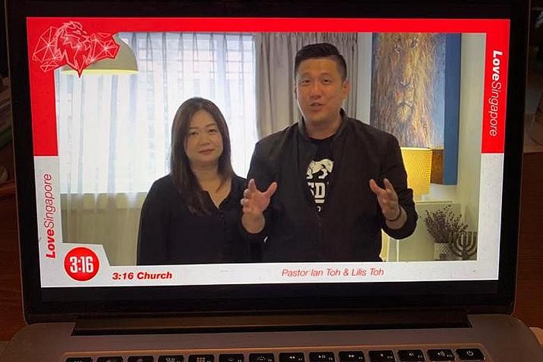 Pastor Ian Toh of 3:16 Church, with his wife, Lilis, leading an online Good Friday service as part of LoveSingapore's nationwide prayer drive yesterday. More than 100 churches signed up for one-hour slots of prayer, from 10am to 10pm, asking God for 