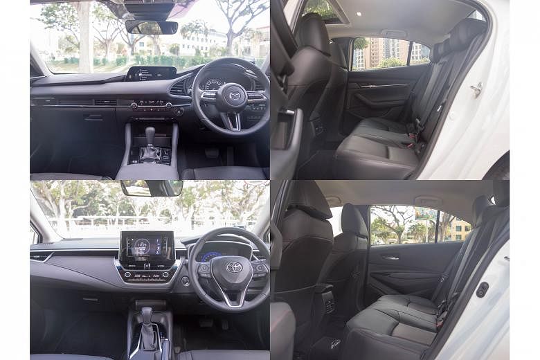 Both the Mazda 3 (top, left and right) and the Toyota Corolla (above, left and right) have adopted a minimalist philosophy for their interiors.