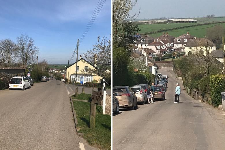 Left: A deserted main street in the middle of the day in the writer's village in Devon. Right: Social distancing is easy out in the countryside. But with the shutdown, city dwellers hoping to spend time in their idyllic country second homes were not 