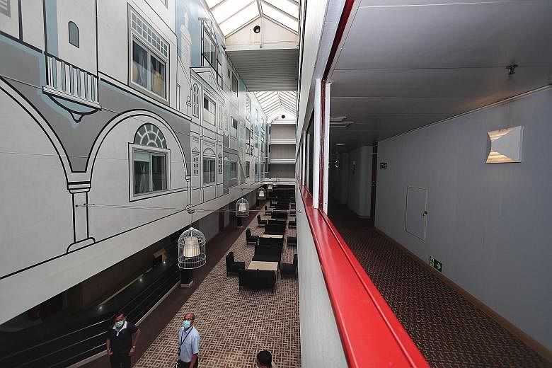 A common area at one of the two floating accommodation facilities at Tanjong Pagar Terminal meant for healthy foreign workers, who are expected to move in this week. After visiting the facility yesterday, Transport Minister Khaw Boon Wan said in a Fa
