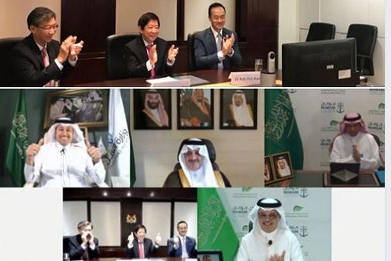 The virtual signing ceremony on Monday was witnessed by (top, from left) PSA International Group CEO Tan Chong Meng, Transport Minister Khaw Boon Wan and Senior Minister of State Koh Poh Koon; and Saudi Transport Minister Saleh Al Jasser, among other