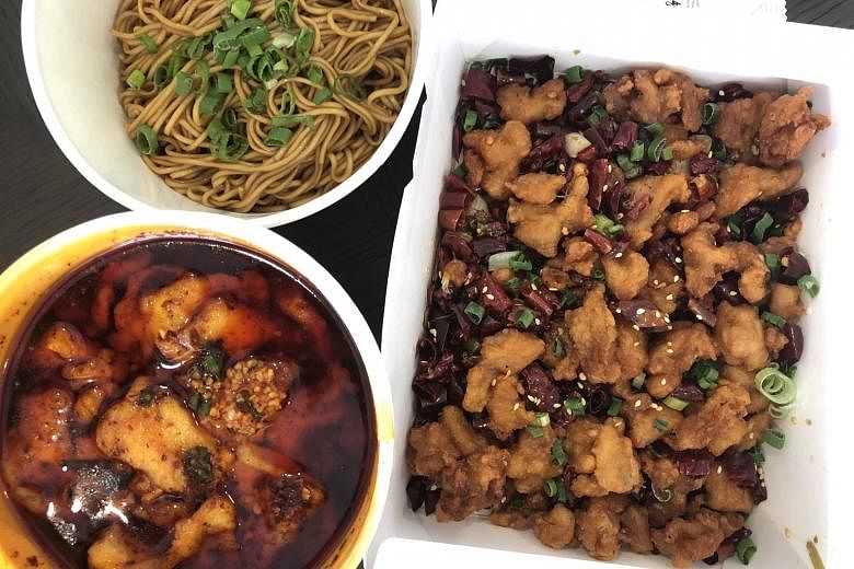 (Clockwise from right) Chong Qing Diced Chicken With Dried Chilli, Boiled Fish In Sichuan Pepper Sauce and Sichuan Noodles With Onion Sauce. 