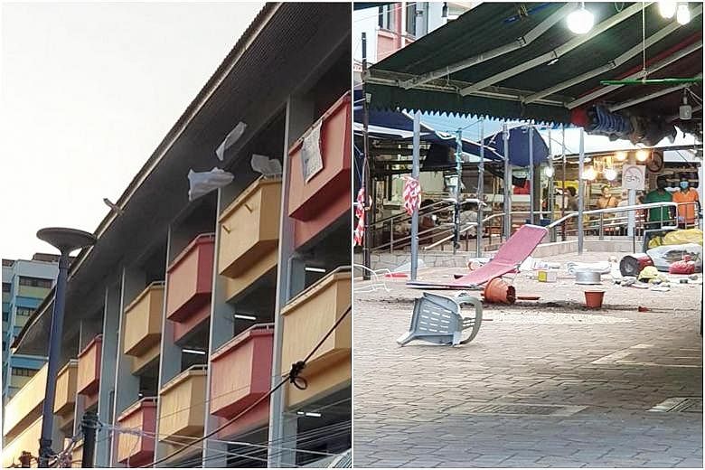 Photos and videos posted on Facebook show a man throwing items from the fourth floor of Block 102 Yishun Avenue 5. A plastic chair, pots and other debris can be seen strewn on the ground at the foot of the block. The photo on the right is believed to