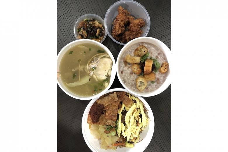 (Clockwise from top right) Prawn paste chicken, Empress Porridge, pork trotter braised bee hoon, ginseng chicken soup and steamed egg. This dish of bittergourd with salted eggs is comforting fare for turbulent times.