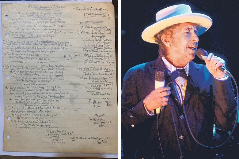The handwritten lyrics of The Times They Are A-Changin' (left), by Bob Dylan (above). The song is regarded as one of the most iconic protest songs of the 1960s.