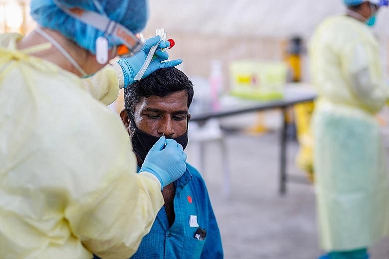 Between 1,500 and 2,500 tests for the coronavirus were being carried out daily on foreign workers. PHOTO: MINISTRY OF MANPOWER