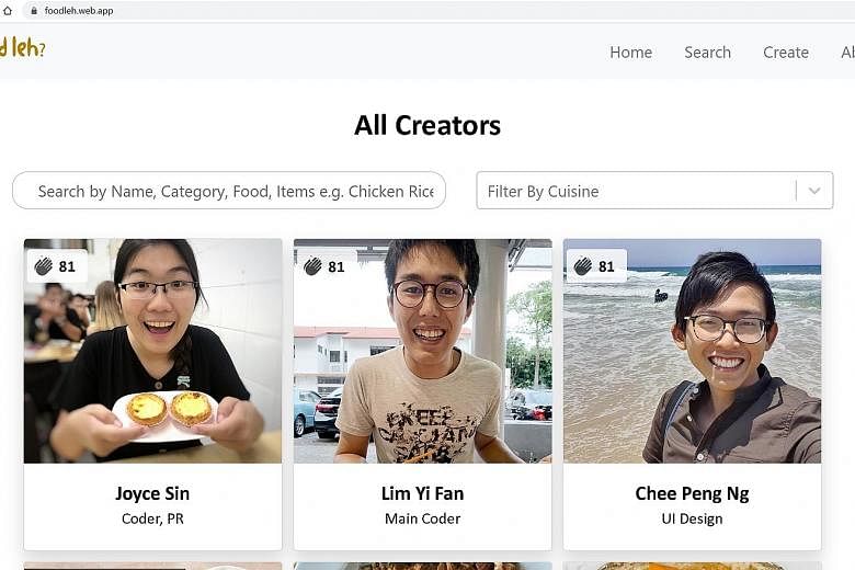 From left: FoodLeh? team member Joyce Sin helped co-creators Lim Yi Fan and Ng Chee Peng with the coding for the website, which allows people to search for food stalls near them by entering a postal code.