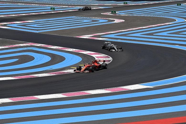 Ferrari driver Charles Leclerc driving ahead of Mercedes' Lewis Hamilton and Haas' Romain Grosjean during the third practice session at the Circuit Paul Ricard in Le Castellet, France last year. This season's French Grand Prix was supposed to be held