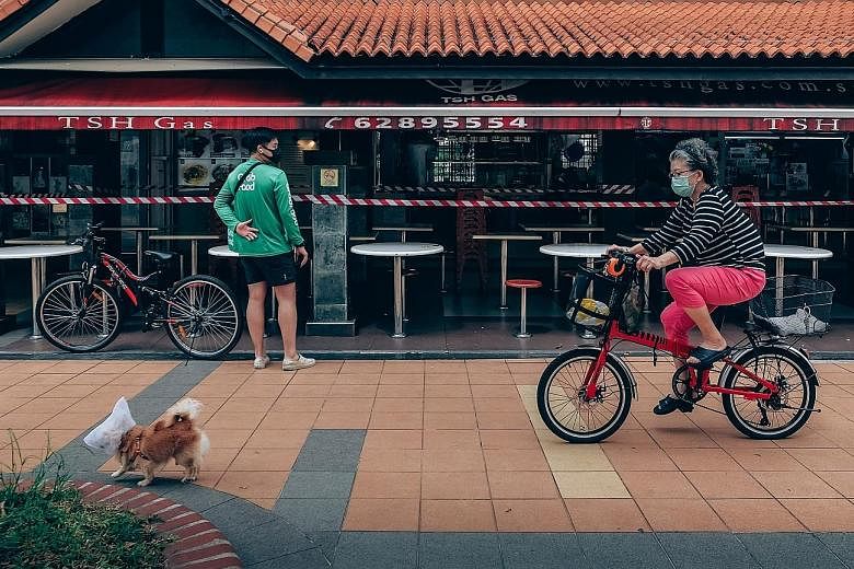 A pet dog, with its head shielded with netting, and its owner in Toa Payoh on Monday. All 14 Covid-19 deaths in Singapore involved people aged 64 to 95, showing just how vulnerable older people are to the disease. ST PHOTO: GAVIN FOO