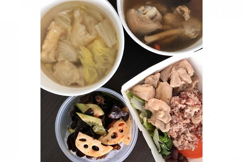 (Clockwise from above left) Chinese Cabbage, Fish Maw And Meatballs Soup; Ginseng Chicken Soup; Rice Wine Chicken With Healthy Mixed Rice, Vegetable, Peanuts; and Oriental Salad - Black Fungus & Lotus Roots from The Herbal Bar.