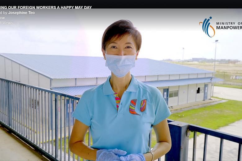 Manpower Minister Josephine Teo wishing foreign workers a happy May Day in a Facebook video post. Healthcare workers at Westlite Papan dormitory on April 21. Health Minister Gan Kim Yong and his colleagues outlined plans to better house migrant worke