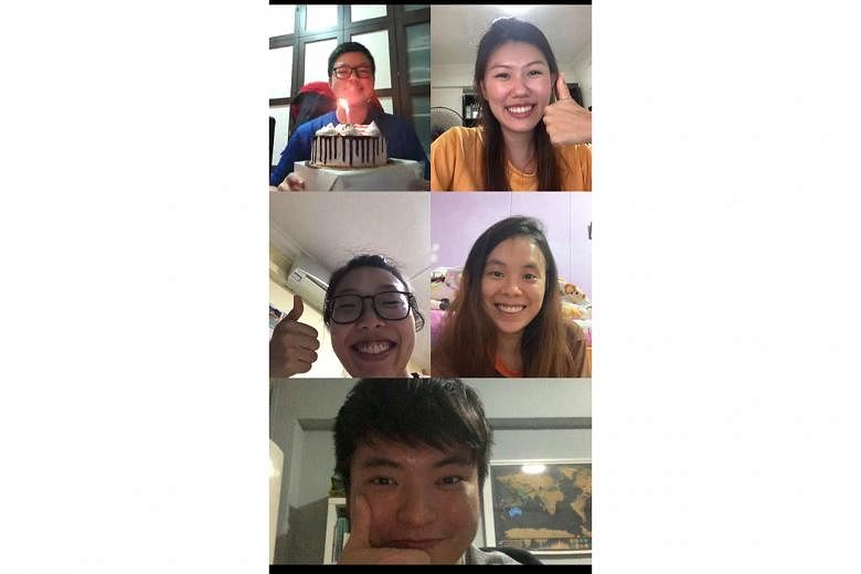 Automation engineer Yue Kok Wai (top left) on Zoom with his friends, who surprised him with a birthday cake via Foodpanda.