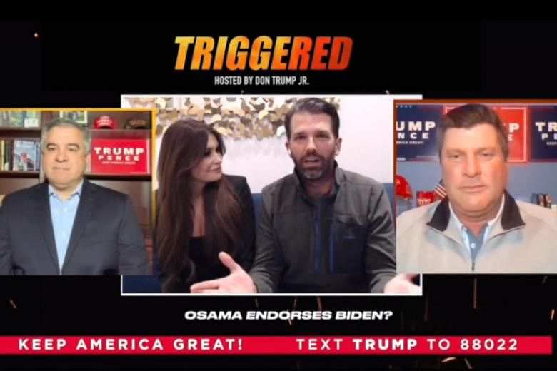 Mr Donald Trump Jr (with his girlfriend, former Fox News presenter Kimberly Guilfoyle) hosting the show Triggered on April 24. The couple, joined by Trump campaign political director Chris Carr (far right) and campaign manager David Bossie via video,